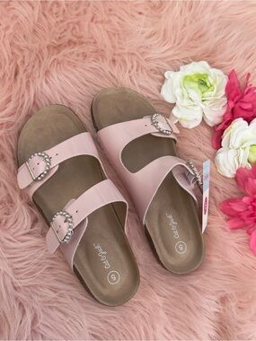 Women's or Girl’s Pink Pearl-Embellished Double Buckle Sandals Slides NEW!